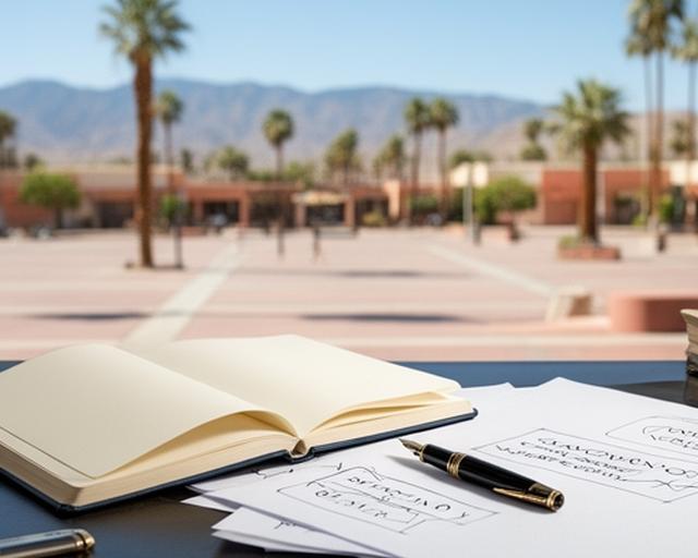 Writer's desk with marked pages, fountain pen, and notes beside a bright Coachella Valley public square